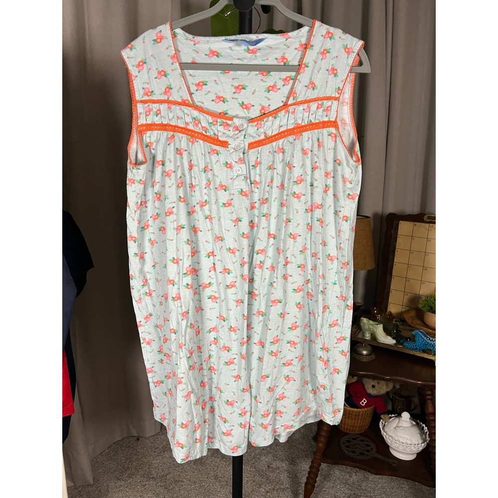 Dreamcrest Womens Floral Nightgown Mint Green Orange Crochet Trim Sleeveless L